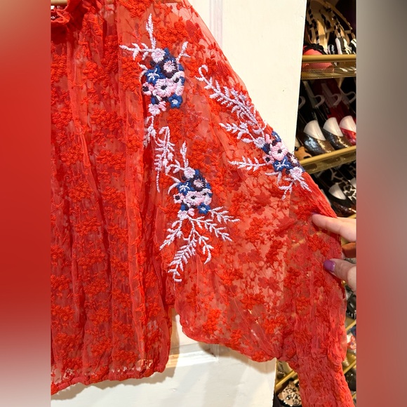 Free People Embroidered Orange Lace Blouse Sheer Boho Floral Hippie Festival - Picture 8 of 15